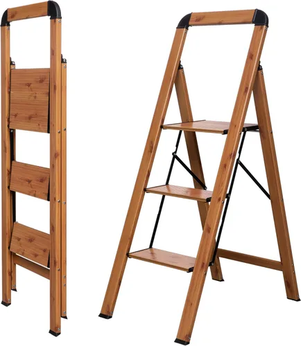 Miniatura 7 de Escalera plegable de 3 peldaños con acabado dorado champán, trípode antideslizante, máximo 330 libras