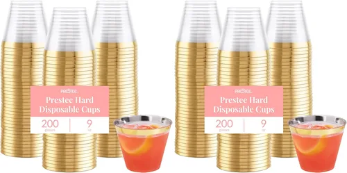 Miniatura 17 de Prestee Paquete de 100 vasos de plástico desechables con borde dorado de 9 onzas para embutidos, bodas, fiestas y eventos, elegantes tazas de cóctel