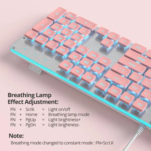 Miniatura 2 de Teclado retro punk de 104 teclas, máquina de escribir de tamaño completo, teclado rosa con tapa cuadrada y retroiluminación LED azul, membrana Rosado