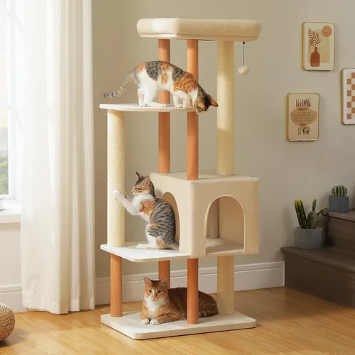 Miniatura 8 de PAWZ Road Árbol grande para gatos, torre de madera moderna de 53 pulgadas para gatos grandes de interior, condominios para gatos de varios niveles