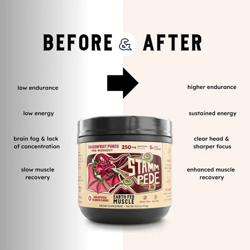 Miniatura 4 de Earth Fed Muscle Stammpede Pre Entrenamiento – Ponche de fruta del dragón, energía limpia, enfoque, apoyo muscular, sin rellenos ni sabores