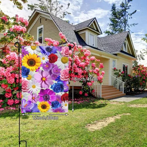 Miniatura 5 de Bandera de jardín con patrón de flores de girasol amarillo, rojo y azul rosa, floral, margarita blanca, flor morada, poliéster de doble cara