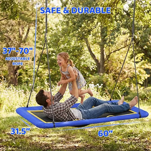 Miniatura 7 de Columpio de árbol de plataforma rectangular de 60 pulgadas para niños y adultos, columpio gigante con correa ajustable para colgar, tela de Azul 02