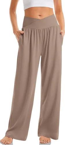 TARSE Pantalones holgados casuales de pierna ancha para mujer, pantalones de yoga, cómodos, cruzados, de cintura alta, pantalones de pijama con