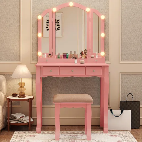 Miniatura 9 de YIXHQ Tocador con luces para niñas, juego de escritorio con cajones, tocador de maquillaje con espejo y luces, tocador de maquillaje rosa