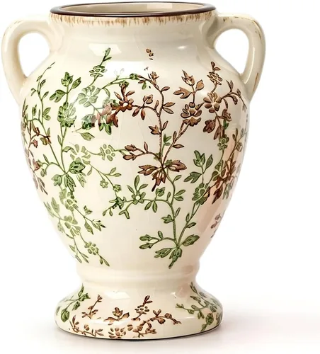 Florero antiguo verde y beige con asas, florero floral de chinoiserie vintage, jarrón rústico de cerámica para decoración del hogar, sala de estar,