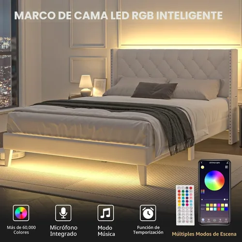 Miniatura 3 de Lihimte Marco de cama tamaño matrimonial con luces LED, base de cama plataforma tapizada en terciopelo con cabecero y estribo abotonado, soporte