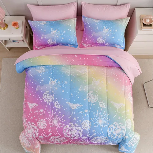 Miniatura 10 de Dinjoy Juego de edredón para niñas, tamaño individual, colorido, azul, rosa, morado, arcoíris, juego de ropa de cama de 6 piezas en una bolsa