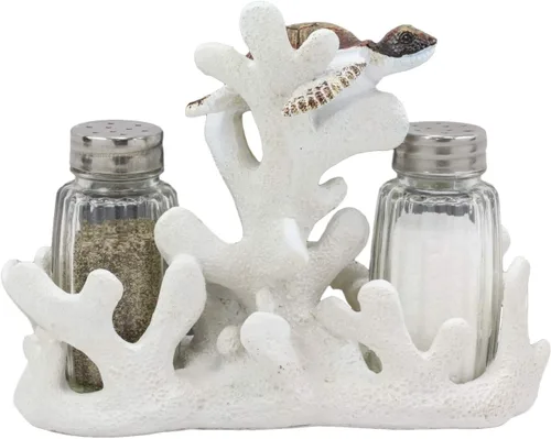 Miniatura 5 de Ebros - Juego de 2 saleros y pimenteros náuticos de arrecife de coral blanco con 2 tortugas marinas y pimenteros, escultura decorativa como centro