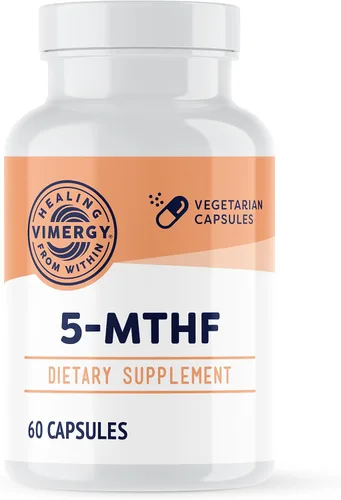 Vimergy Cápsulas de 5-MTHF – 60 porciones (1 cápsula/porción) 8500 mcg de L-metilfolato glucosamina y 500 mcg de suplemento de vitamina B12 –