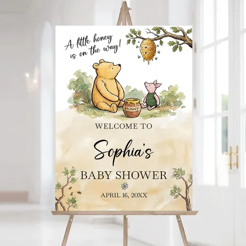 Miniatura 5 de Letrero de bienvenida personalizado de Pooh, cartel de bienvenida al baby shower, baby shower de oso Pooh, revelación de género, decoraciones