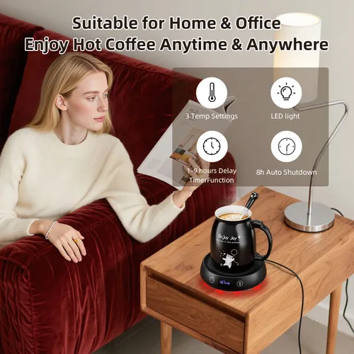 Miniatura 3 de Calentador de taza de café con bonito juego de tazas de gato, calentador eléctrico de 8 horas de apagado automático para escritorio, oficina, hogar
