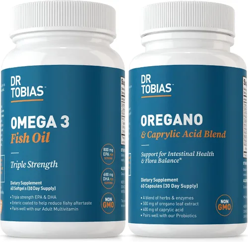 Dr. Tobias Suplementos de aceite de pescado Omega 3 y orégano y ácido caprílico, apoya el corazón, el cerebro, el sistema inmunológico con el
