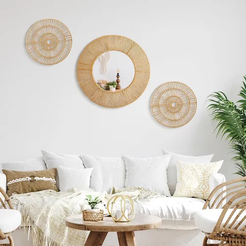 Miniatura 5 de Yerliker 3 piezas de espejo bohemio para decoración de pared, espejo redondo tejido de yute natural, espejos decorativos grandes de 19.7 pulgadas