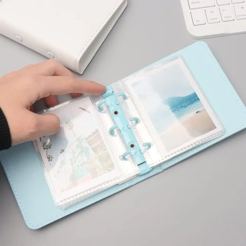 Miniatura 4 de Mini álbum de fotos, soporte para tarjetas de fotos azules, tarjetas fotográficas Kpop de piel sintética de 3 anillos, álbum de películas de fotos