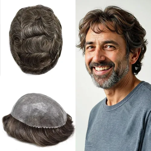 Miniatura 33 de Toupee - Sistema de reemplazo de cabello humano real de 0.004 in para hombres, con inyección, poliuretano duradero, piel fina, línea capilar