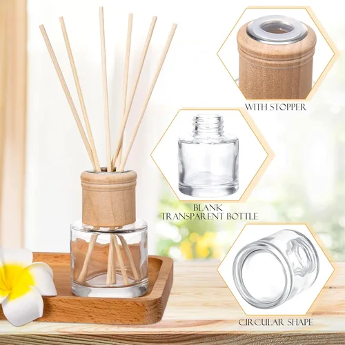 Miniatura 3 de Roshtia Juego de 2 botellas difusoras de varillas vacías recargables con fragancias de vidrio con tapas de madera, varillas de 1.7 onzas, tarros