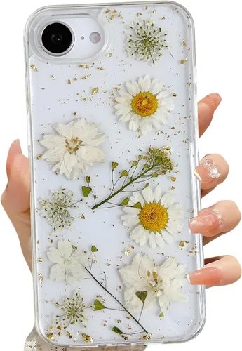 Miniatura 43 de LSEEKA Funda transparente para iPhone 13 Mini/iPhone 12 Mini con diseño de flores reales prensadas, con purpurina, bonito patrón floral blanco, Oro