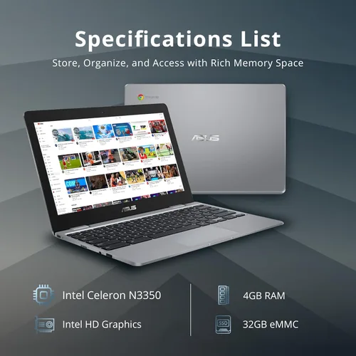 Miniatura 2 de ASUS Chromebook C223 - Laptop HD de 11.6 pulgadas, procesador Intel Celeron N3350, 4 GB de RAM, 32 GB eMMC, gráficos Intel UHD, cámara web 720P