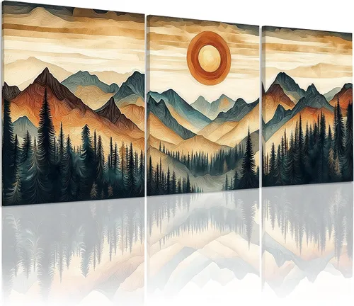 Lienzo enmarcado de montaña, decoración de pared de paisaje de anillo de árbol, paisaje de bosque, arte de pared para dormitorio, baño, cocina, sala