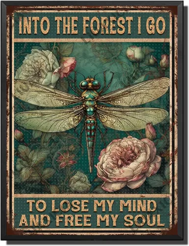 Miniatura 21 de LIUAXICIA Letreros divertidos de metal con texto en inglés «Into The Forest I go to Lose My Mind and Free My Soul Dragonfly», decoración de pared
