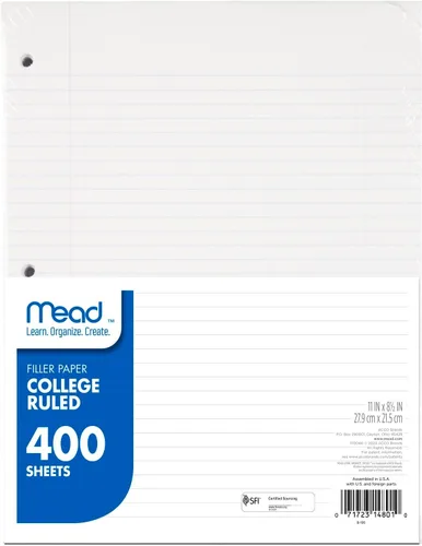 Mead Papel de hojas sueltas, papel de cuaderno de relleno con rayas universitarias, 8-1/2 x 11 pulgadas, 400 hojas, se adapta a carpetas de 3