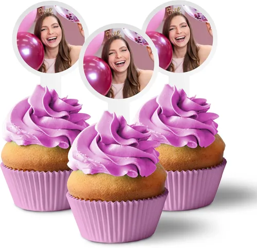 Miniatura 8 de Paquete de 200 adornos personalizados para cupcakes, de plástico, 2 x 4 pulgadas, carga 1 foto, hecho en Estados Unidos (forma de círculo)