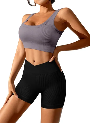 Miniatura 4 de JZC Conjuntos de entrenamiento para mujer, 2 piezas, acanalados, sin costuras, pantalones cortos de cintura alta, trajes de yoga