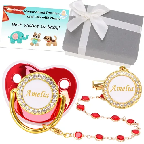 Miniatura 15 de Chupete personalizado con nombre, juego de clip para chupete dorado brillante con caja de regalo, tarjeta de felicitación, lujoso chupete de cristal
