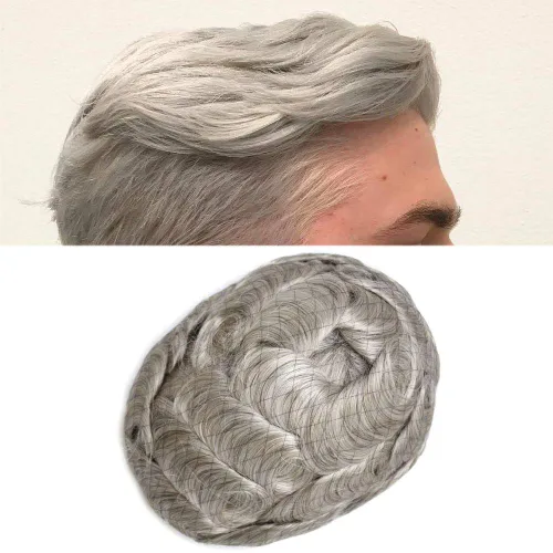 Miniatura 22 de Sistema de cabello humano tipo tupé para hombre, tupé gris, piezas de cabello completo de poliéster para hombres, tupé de inyección de poliuretano