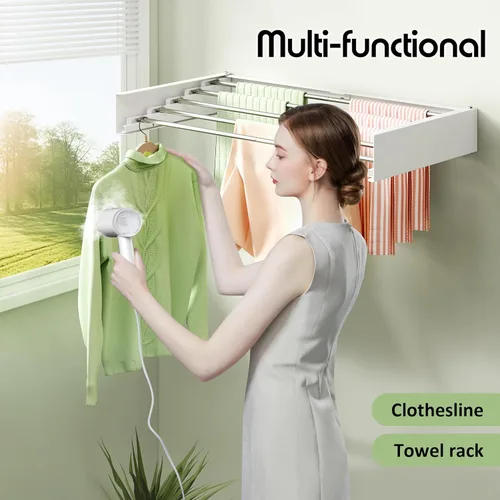 Miniatura 4 de BOQORAD Tendedero de ropa montado en la pared de 32 pulgadas, estante de secado para ropa de pared, estante de secado de lavandería, estante Blanco