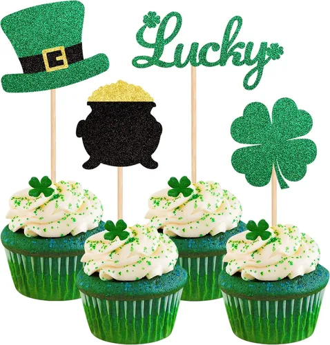 Miniatura 15 de 1 paquete de decoración para pastel de cumpleaños del día de San Patricio con purpurina verde de trébol de la suerte de cuatro hojas, trébol