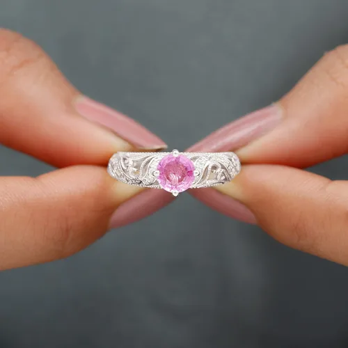 Miniatura 5 de Anillo de compromiso redondo de zafiro rosa cultivado en laboratorio certificado con diamante Calidad AAAA Anillo de estilo vintage para mujer