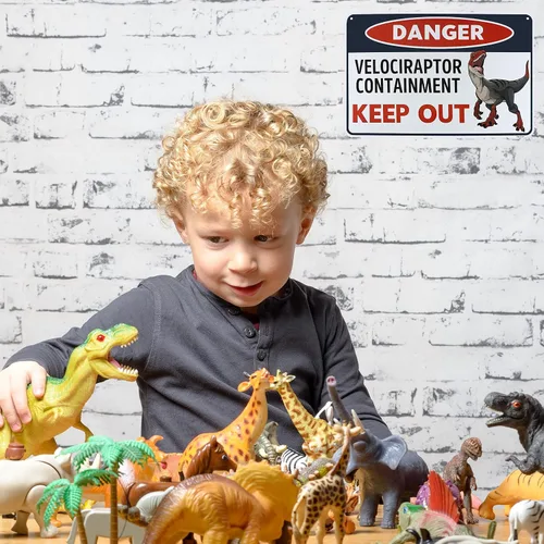 Miniatura 4 de Venicor Letrero de dinosaurio de velociraptor, 8 x 12 pulgadas, aluminio, decoración de habitación de dinosaurio Raptor para niños y niños, póster