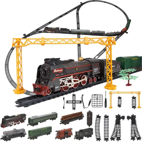 Juego de tren eléctrico de Navidad a control remoto con control remoto, humo realista, luces y sonidos, modelo de locomotora de vapor con pista
