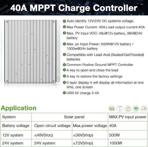Miniatura 2 de controlador de carga MPPT 40 amperios 12V/24V Auto, regulador de carga de panel solar 40A con pantalla LCD retroiluminada máxima 100V para batería