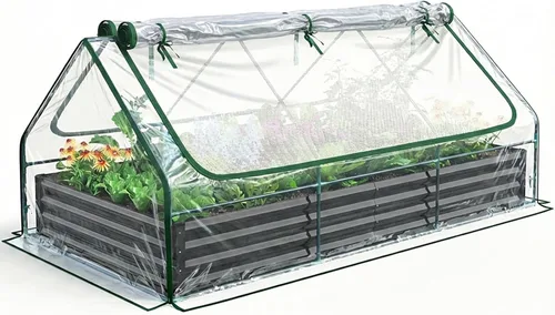 Miniatura 12 de Quictent juego de cama de cultivo elevada y galvanizada con cubierta de metal, con 2 ventanas, pequeño invernadero, con 20 etiquetas y guantes