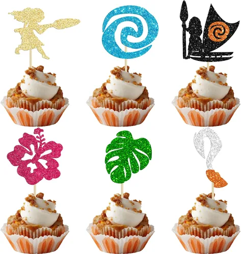 Miniatura 17 de Gyufise 1 pieza de decoración para pastel de cumpleaños Moana con purpurina de hoja de palma, flor de moana para pastel tropical hawaiano Luau, baby