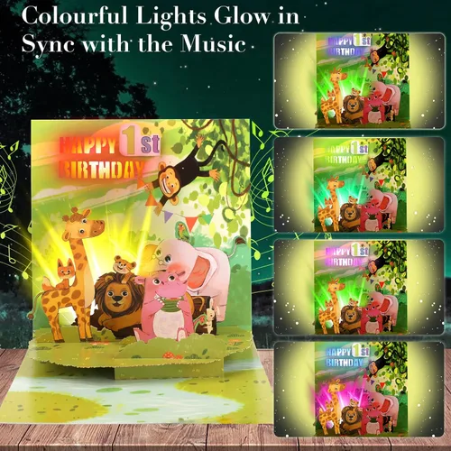 Miniatura 2 de Ecloverlife Tarjetas de primer cumpleaños para niños y niñas, tarjetas desplegables con luces coloridas y música de feliz cumpleaños, regalos