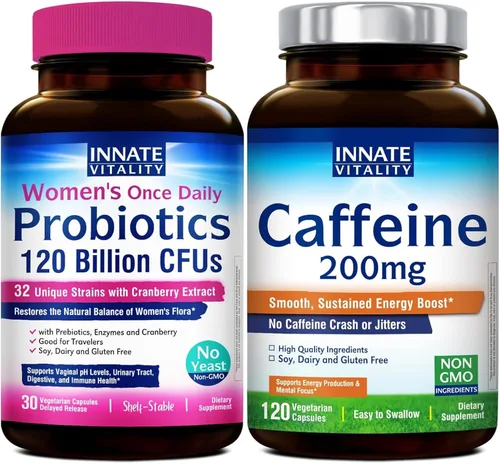Innate Vitality Paquete de cápsulas de probióticos y cafeína para mujer, suplementos dietéticos sin OMG, cápsulas veganas