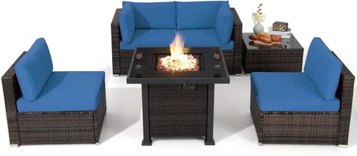 Tangkula Juego de 6 piezas de mimbre para patio, juego de sofá de ratán para exteriores con mesa de fuego de propano de 32 pulgadas, calor de 50,000