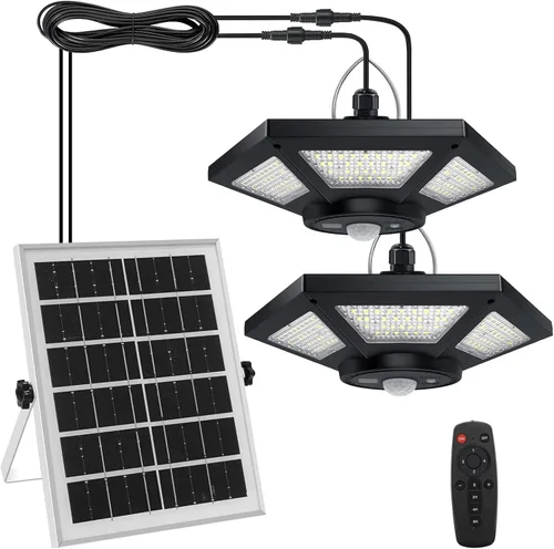 Lámpara solar para cobertizo interior y exterior de 180 LED, lámpara colgante de doble cabezal alimentada por energía solar, luces de trabajo Negro