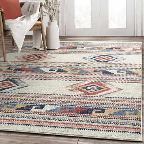 Abani Alfombra multicolor con diseño del suroeste, alfombra de comedor con patrón tribal naranja, gris y beige que no se desprende (3 x 5 pies)