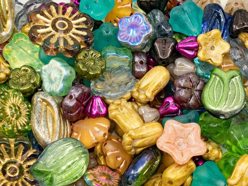 Miniatura 55 de 2.1 oz (60 g) de mezcla de cuentas focales de vidrio con flores, cuentas checas de cristal talla de mesa y pulido con fuego, PG Verde Verde focal