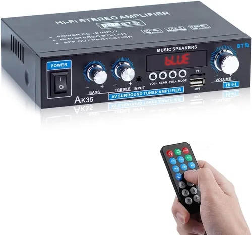 AK35 Amplificador estéreo Bluetooth 5.0, mini receptor de audio de 2.0 canales, amplificador de audio de alta fidelidad para el hogar de 30Wx2 con