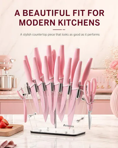 Miniatura 8 de Astercook Juego de cuchillos con bloque y afilador, juego de cuchillos de cocina de 22 piezas, apto para lavavajillas, bloque de cuchillos Rosa