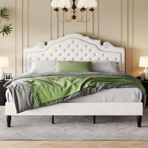 Miniatura 13 de SHA CERLIN Marco de cama tamaño completo con cabecera ajustable/Tapizado de terciopelo/Capitoné con botones de diamante y tachuelas de metal/No