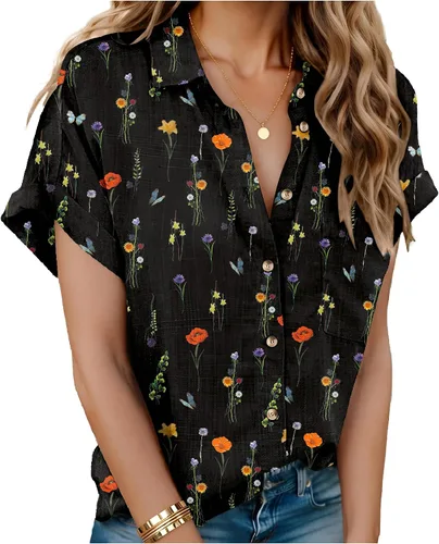 Miniatura 18 de HOTOUCH Camisas de Lino para Mujer con Botones Blusas de Manga Corta de Algodón Cuello en V con Cuello Tops de Gasa con Botones S-3XL
