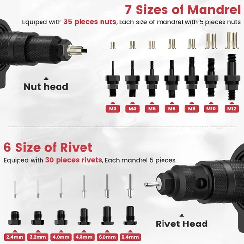 Miniatura 3 de Beaspire Adaptador de pistola de remache eléctrica sin cable para taladro, kit de adaptador de tuerca de remache 2 en 1 con 7 mandriles métricos