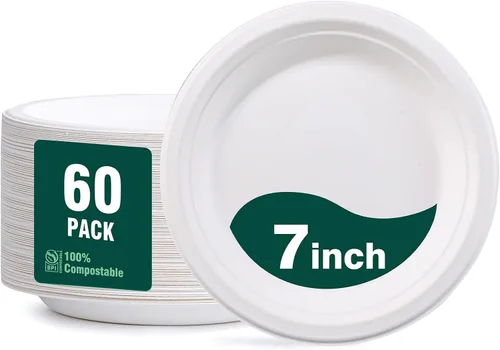 DaYammi Platos de Papel 100% Compostables de 7 Pulgadas, Paquete de 60 Platos de Papel Resistente, Bagazo Biodegradable, Platos de Postre